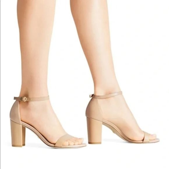 NEW Stuart Weitzman Nearlynude Strap Sandal Smooth Leather Block Heels Nude